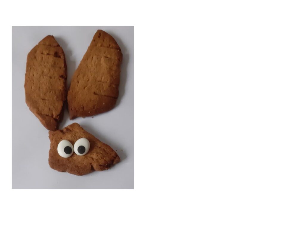 Fotobeispiel zum Starterkit Wolke oder Keks. Brauner Teig mit Zuckeraugen. Zu sehen ist der Kopf eines Hasen. Simpel zusammengesetzt aus drei Teilen. 