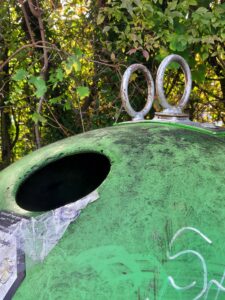 Beispiel-Foto zum Thema #cityzoo. Ein grüner Altglascontainer. Durch die Wahl des Ausschnittes entsteht der Eindruck eines Frosches. Die Öffnung des Containers ist der Mund des Frosches. Die runden Transportgriffe aus Metall können als Augen Gelsen werden.