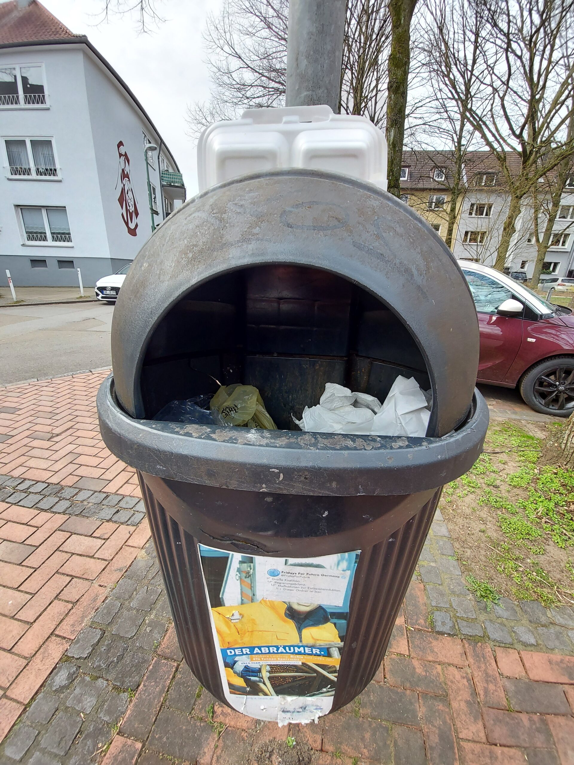 Beispiel-Foto zum Thema #cityzoo.  Eine Take-Away Schachtel steht auf einem Mülleimer im Stadtraum. Es sieht aus als wäre die Schachtel die Augen eines Frosches mit offenem Mund. Im Hintergrund 2 Häuser und ein rotes parkendes Auto
