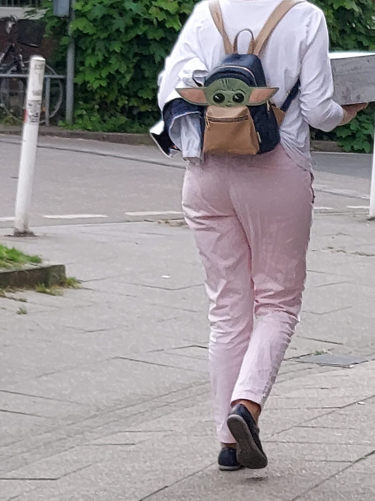 Beispiel-Foto zum Starterkit  #cityzoo. Das Foto zeigt die Rückenansicht einer Person mit rosafarbener Hose und grosafarbenem Pullover im Stadtraum. Die Person trägt einen Rucksack mit der Figur Yoda aus Star Wars und eine Kuchenschachtel in der Hand. 