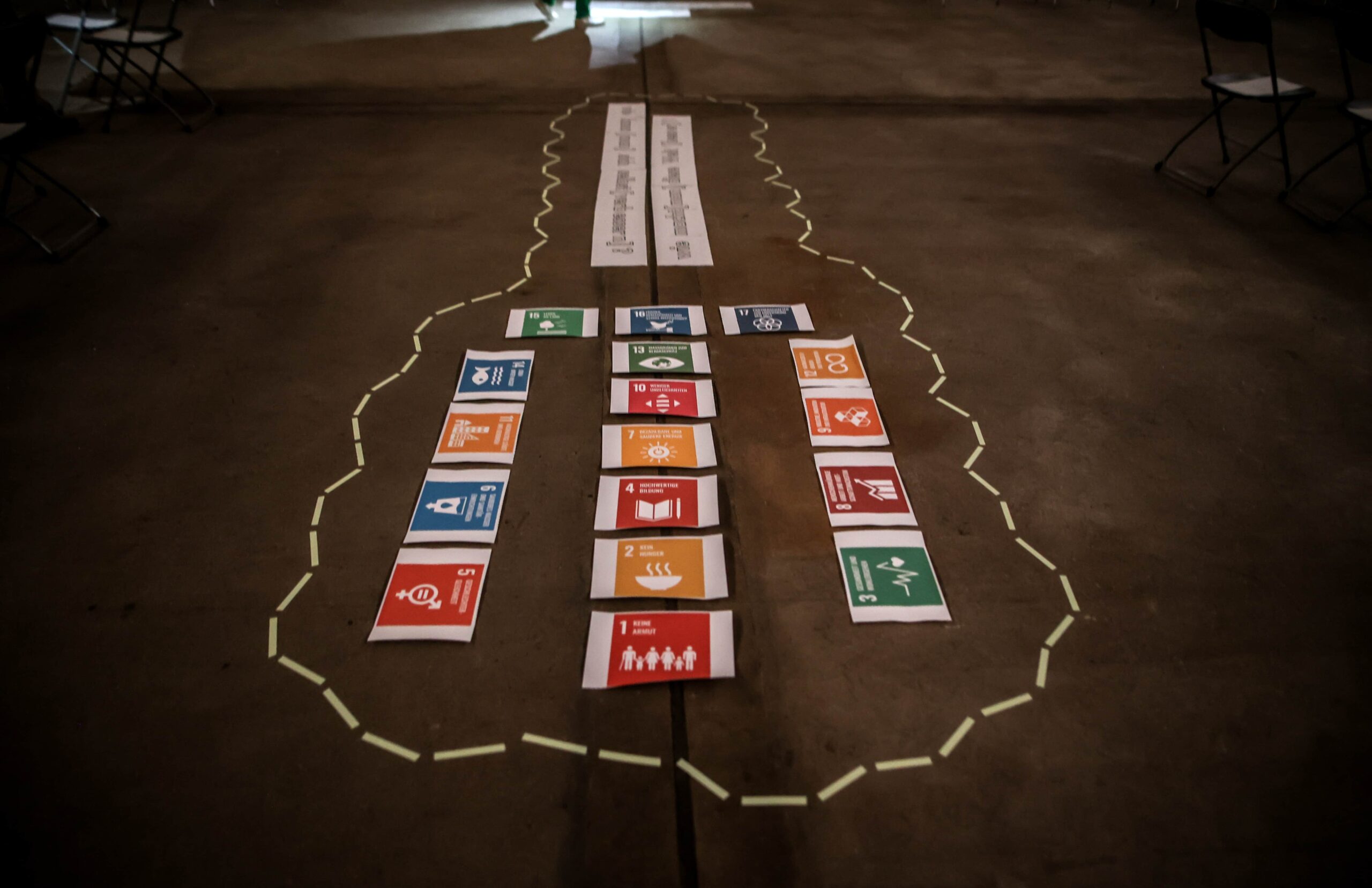 Kunst als Denkanlass im Workshop "Du und Deine Gegenwart", Boden-Installation vor "The Palace of Projects", Maßkonzeption für di Stiftung Zollverein. Auf dem Boden sind die Embleme der 17 Nachhaltigkeitsziele der UN ausgelegt. Davor liegen zwei Zettelreihen mit den Fragen: "Wie kann man sich selbst verbessern?" und "Wie macht man diese Welt besser?"