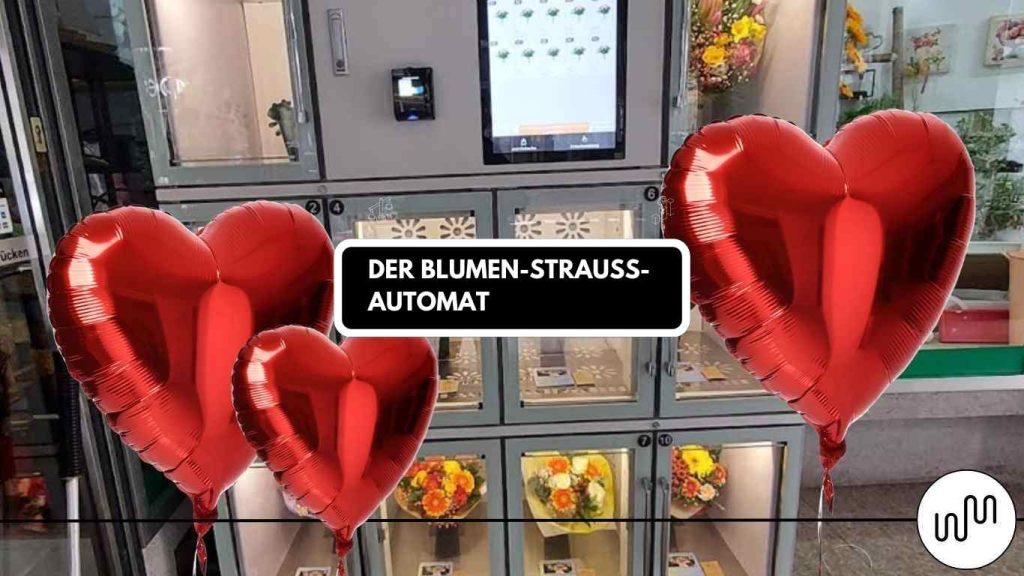 Hederbild Blog, Ideen entwickeln, Fragen stellen, Foto von einem Blumenstrauss-Automat, Luftballonherzen in rot im Vordergrund
