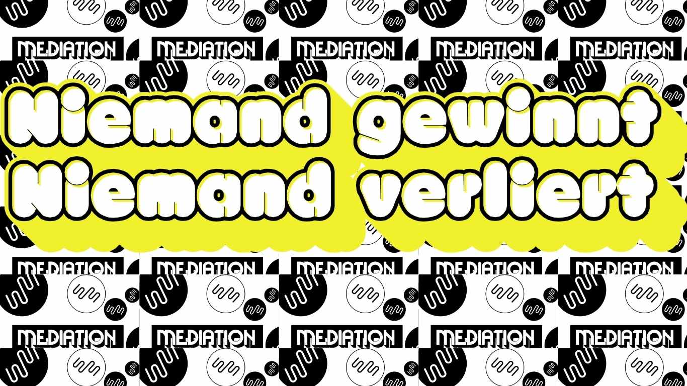 headerbild- mediation ist jpg Mediation ist, wenn ein Konflikt aktiv und von allen Beteiligten bearbeitet wird. Wenn niemand gewinnt, niemand verliert. Schwarz-weisse Schrift + gelb hinterlegte Titelbuchstaben.